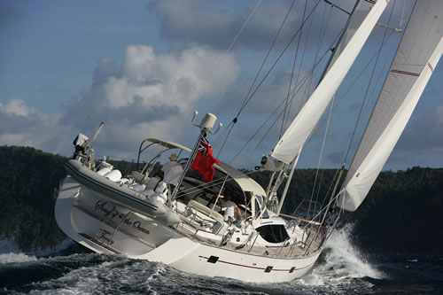 Powering into Admiralty bay, Bequia with single jib and mainsail